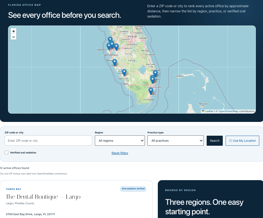 Multi-location dental practice office map and location finder